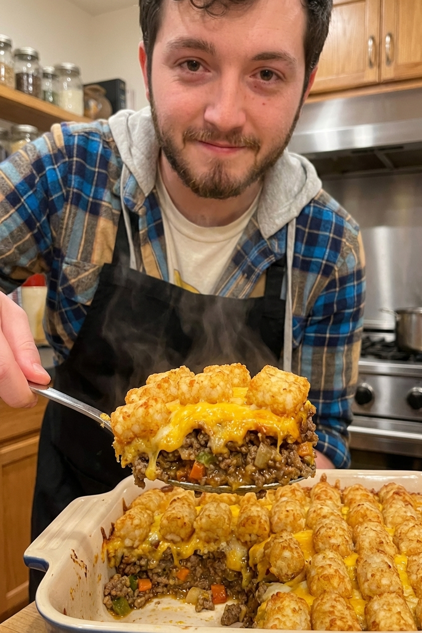 A spoon lifting a serving of tater tot casserole showing layers of beef filling and melted cheese