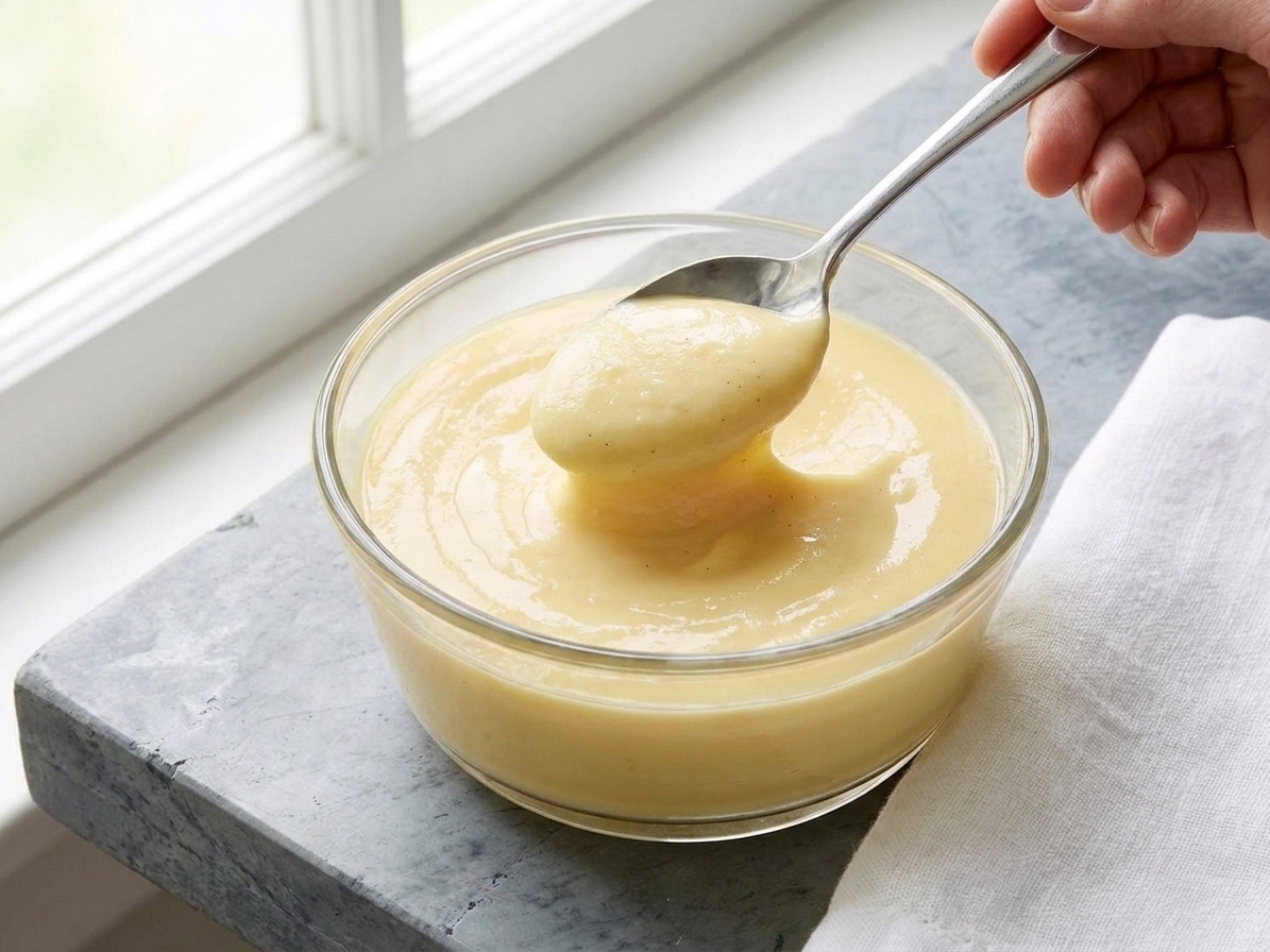A spoon lifting a smooth scoop of chilled vanilla custard from a bowl, showing a thick, glossy texture
