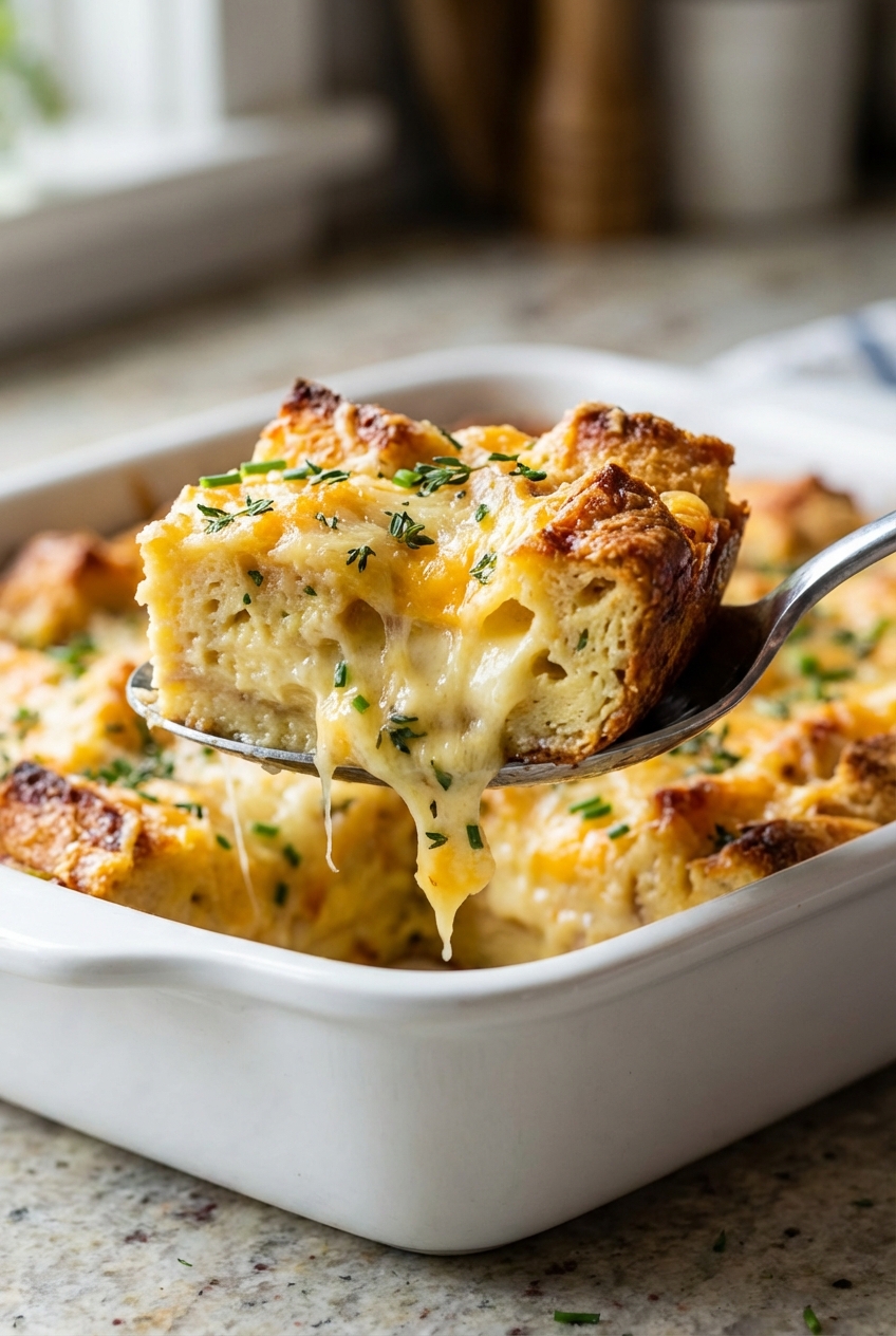 A spoon lifting a square of savory bread pudding showing a custardy center with melted cheese and herbs