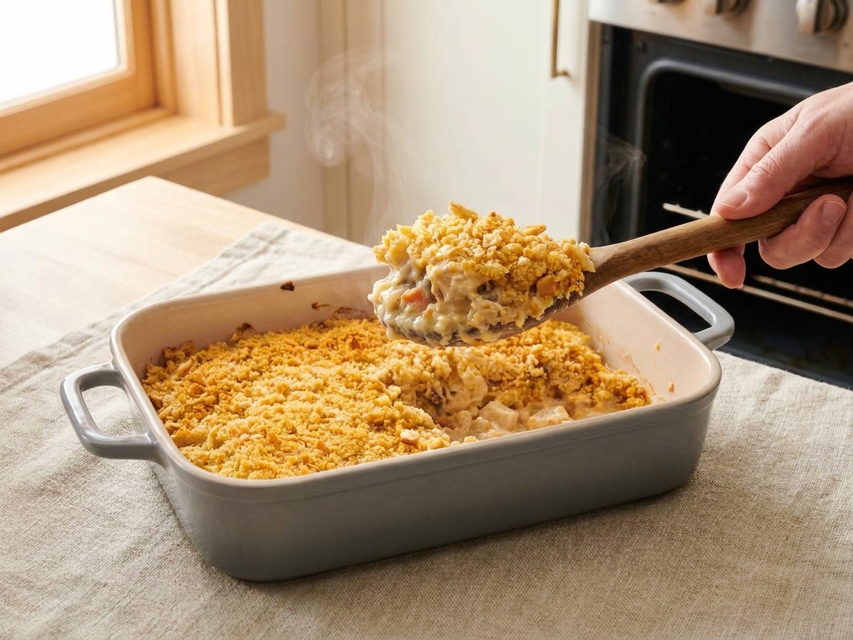 A spoon lifting a steaming portion of baked chicken casserole with golden cracker topping from a casserole dish on a dining table