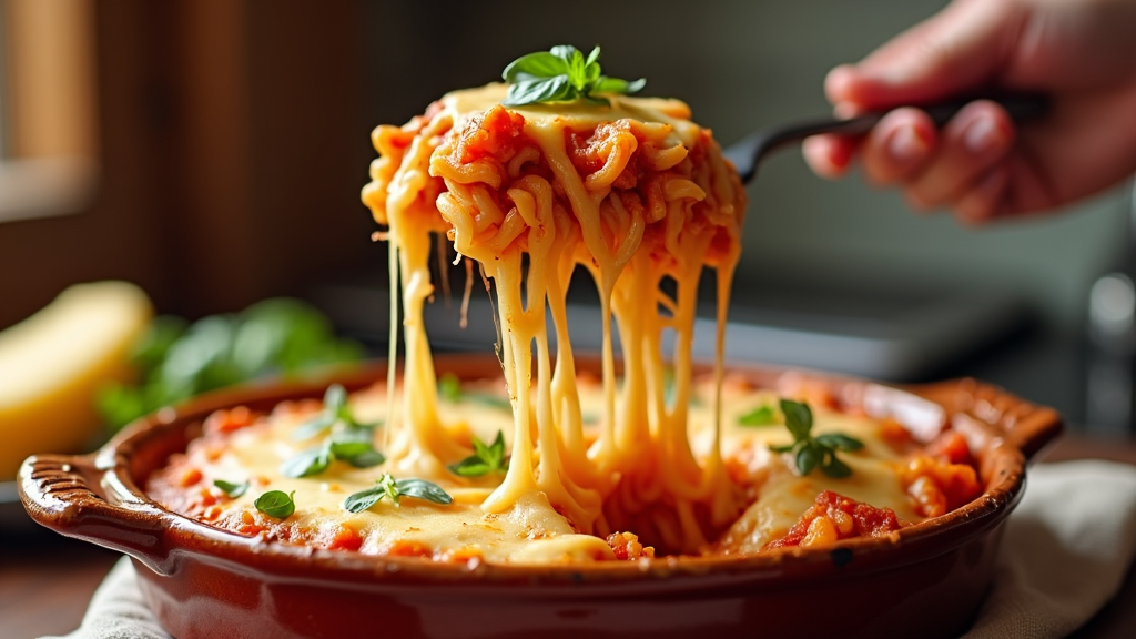 A spoon lifting a steaming portion of baked ziti from a casserole dish showing layers of pasta, sauce, and melted cheese