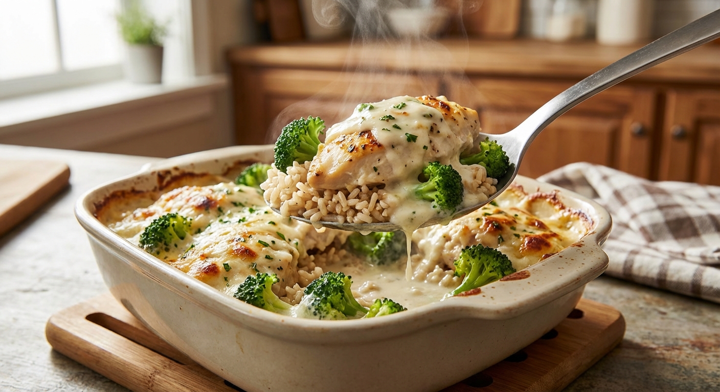 A spoon lifting a steaming portion of chicken, brown rice, broccoli, and creamy sauce from a baked casserole dish