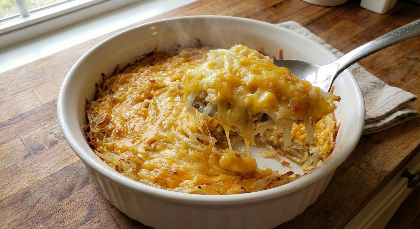 A spoon lifting a steaming scoop of cheesy hashbrown casserole with a crisp golden topping