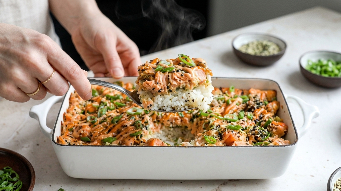 A spoon lifting a steaming scoop of salmon sushi bake showing layers of seasoned rice and creamy salmon topping with furikake
