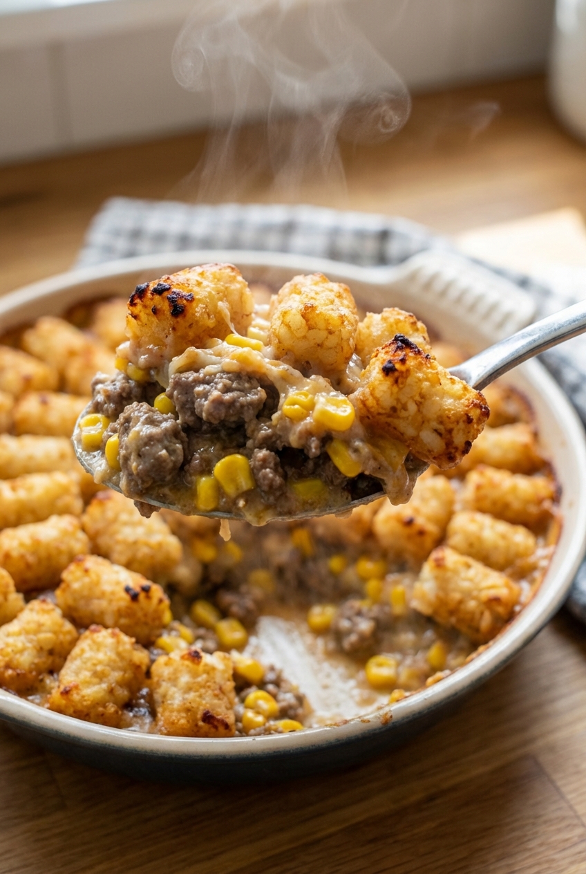A spoon lifting a steamy scoop of cowboy casserole showing ground beef, corn, creamy sauce, and crispy tater tots