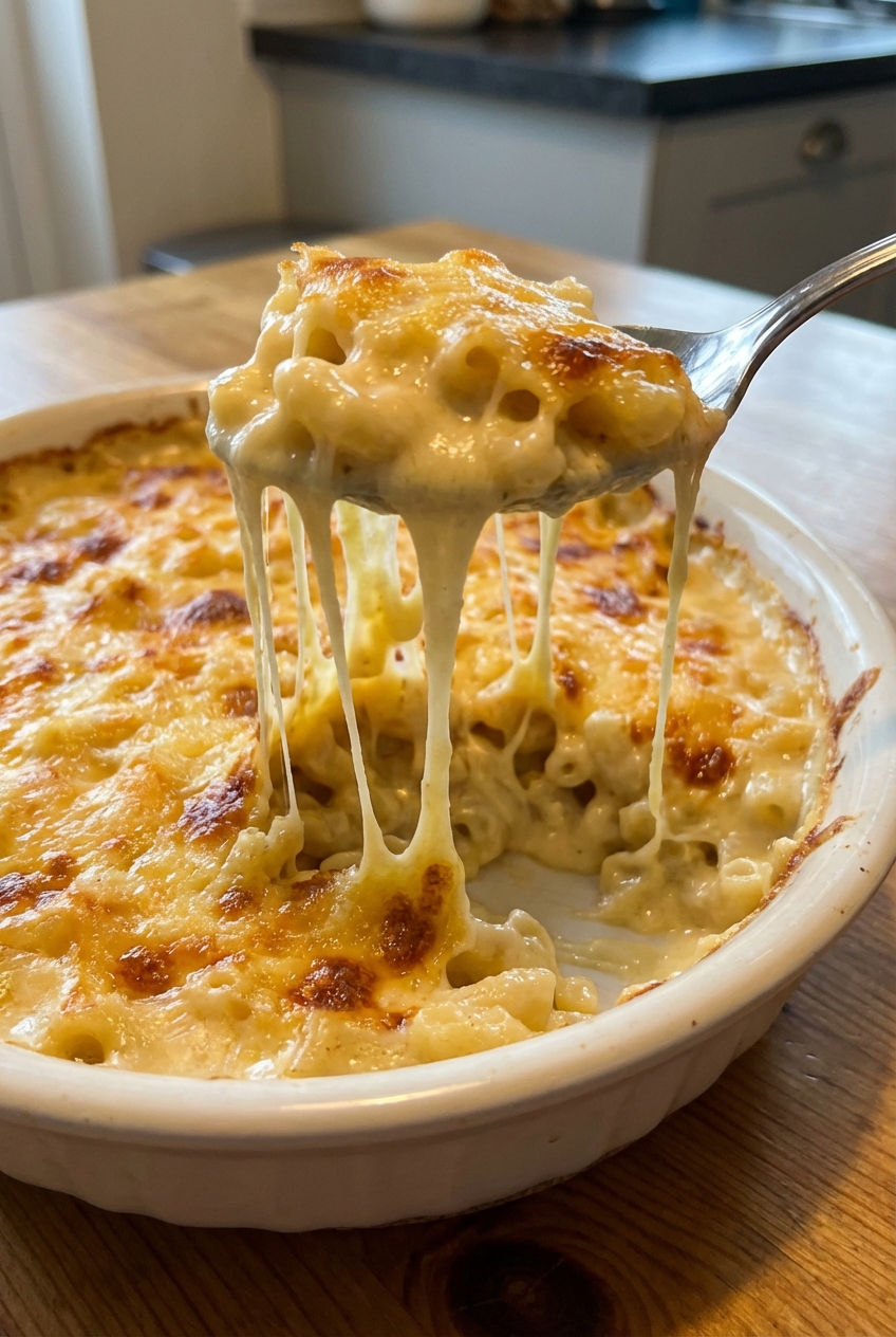 A spoon lifting a stretchy, creamy scoop of baked mac and cheese from a casserole dish
