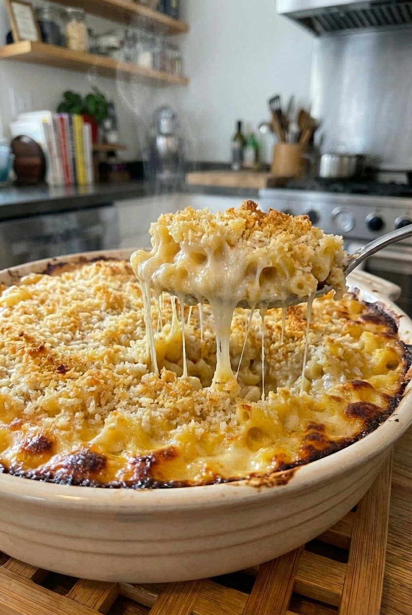 A spoon lifting a stretchy scoop of creamy macaroni and cheese from a baking dish