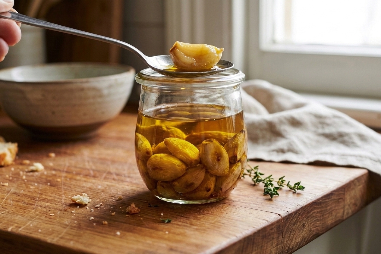 A spoon lifting a tender garlic confit clove from a glass jar of golden oil on a kitchen counter