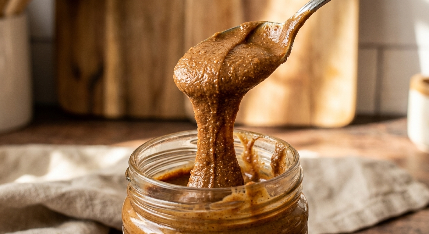 A spoon lifting a thick ribbon of speculoos cookie butter from a glass jar, close-up food photo