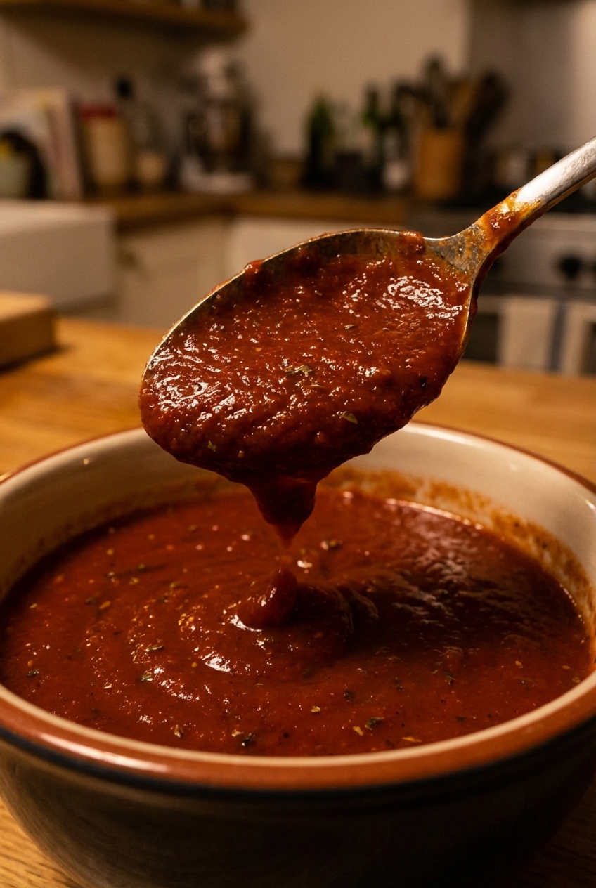 A spoon lifting a thick, smooth pizza sauce showing its rich texture