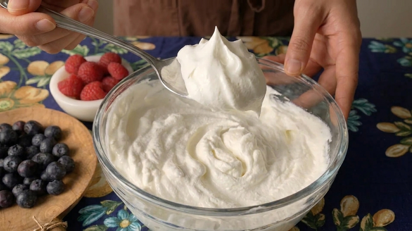 A spoon lifting a thick swirl of whipped cream from a bowl, showing glossy stiff peaks
