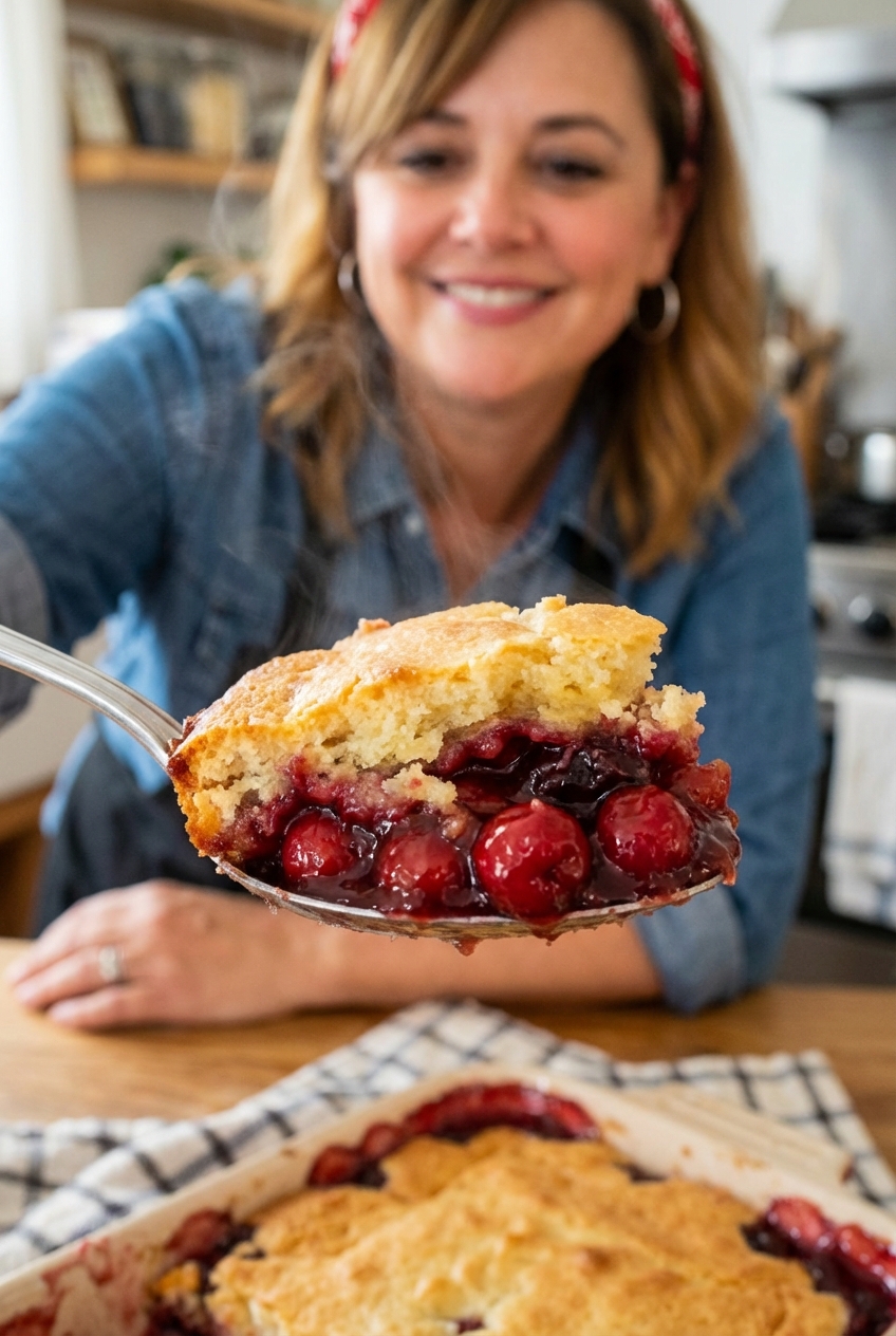 A spoon lifting a warm scoop of cherry dump cake showing fluffy cake and saucy fruit layers