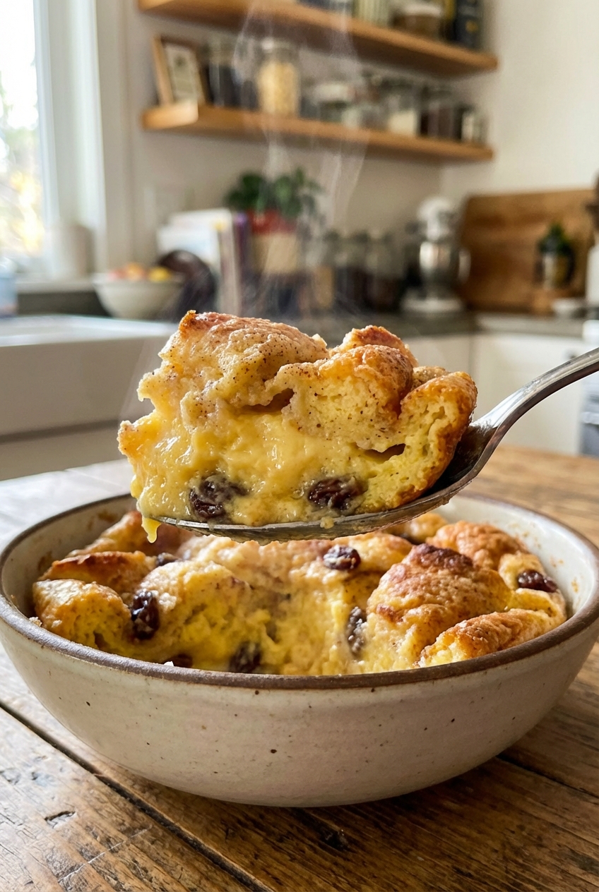 A spoon lifting a warm scoop of fluffy bread pudding showing a custardy interior