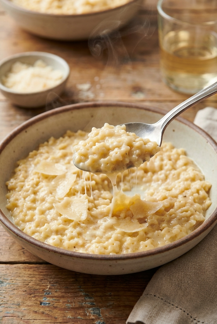 A spoon lifting creamy pastina from a bowl with Parmesan melting into the pasta