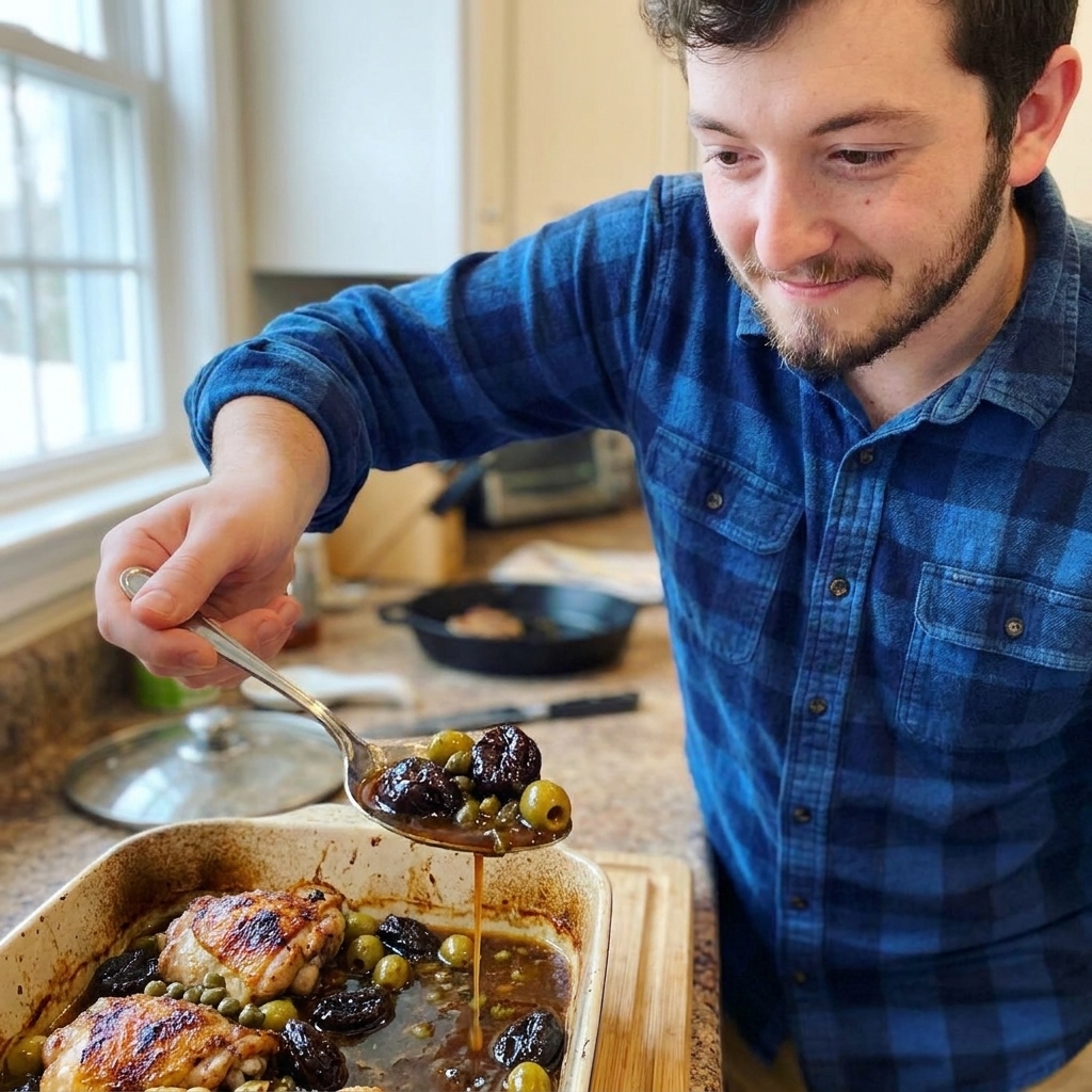 A spoon lifting glossy Chicken Marbella pan sauce with prunes, capers, and olives from a roasting pan beside browned chicken