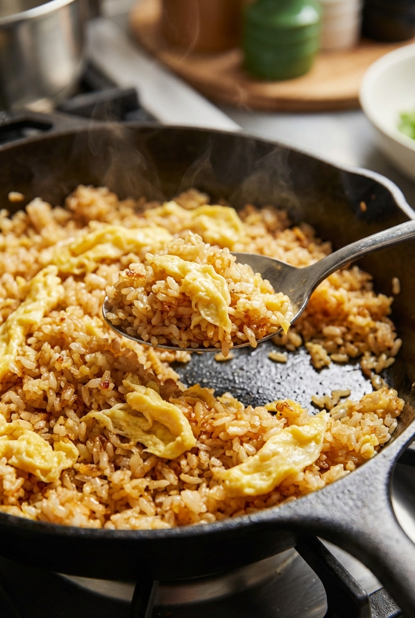 A spoon lifting glossy egg fried rice from a skillet showing soft egg ribbons and crisped rice grains