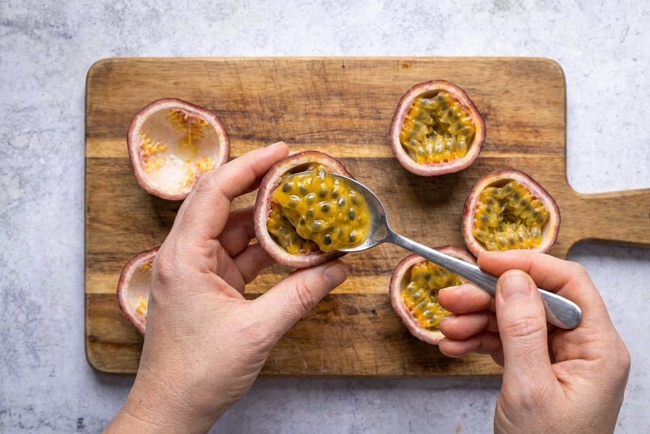 A spoon lifting golden passion fruit pulp with visible black seeds from a halved passion fruit on a cutting board