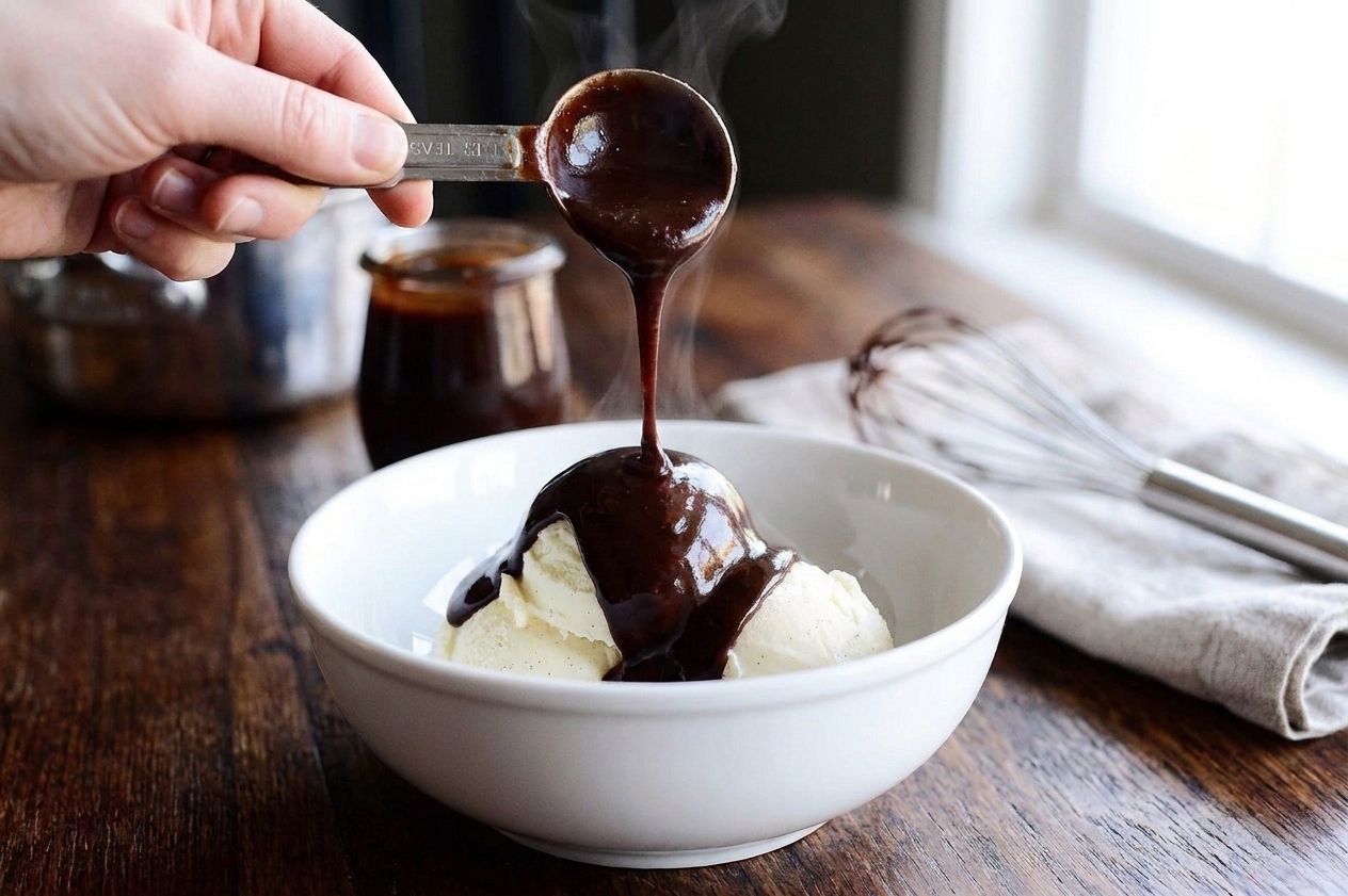 A spoon lifting hot fudge sauce above a bowl, with a thick ribbon of sauce dripping back down
