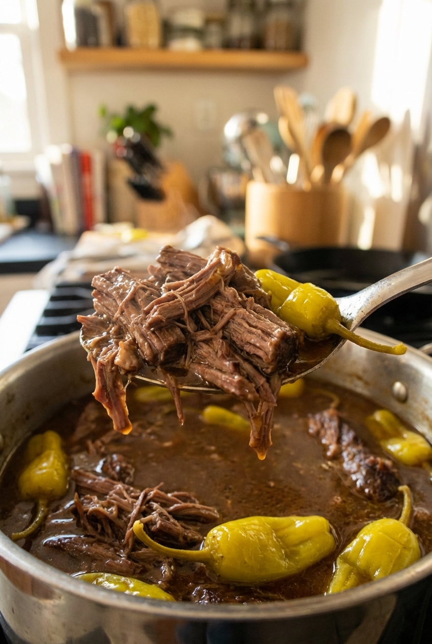 A spoon lifting shredded pot roast from the gravy with pepperoncini in the pot