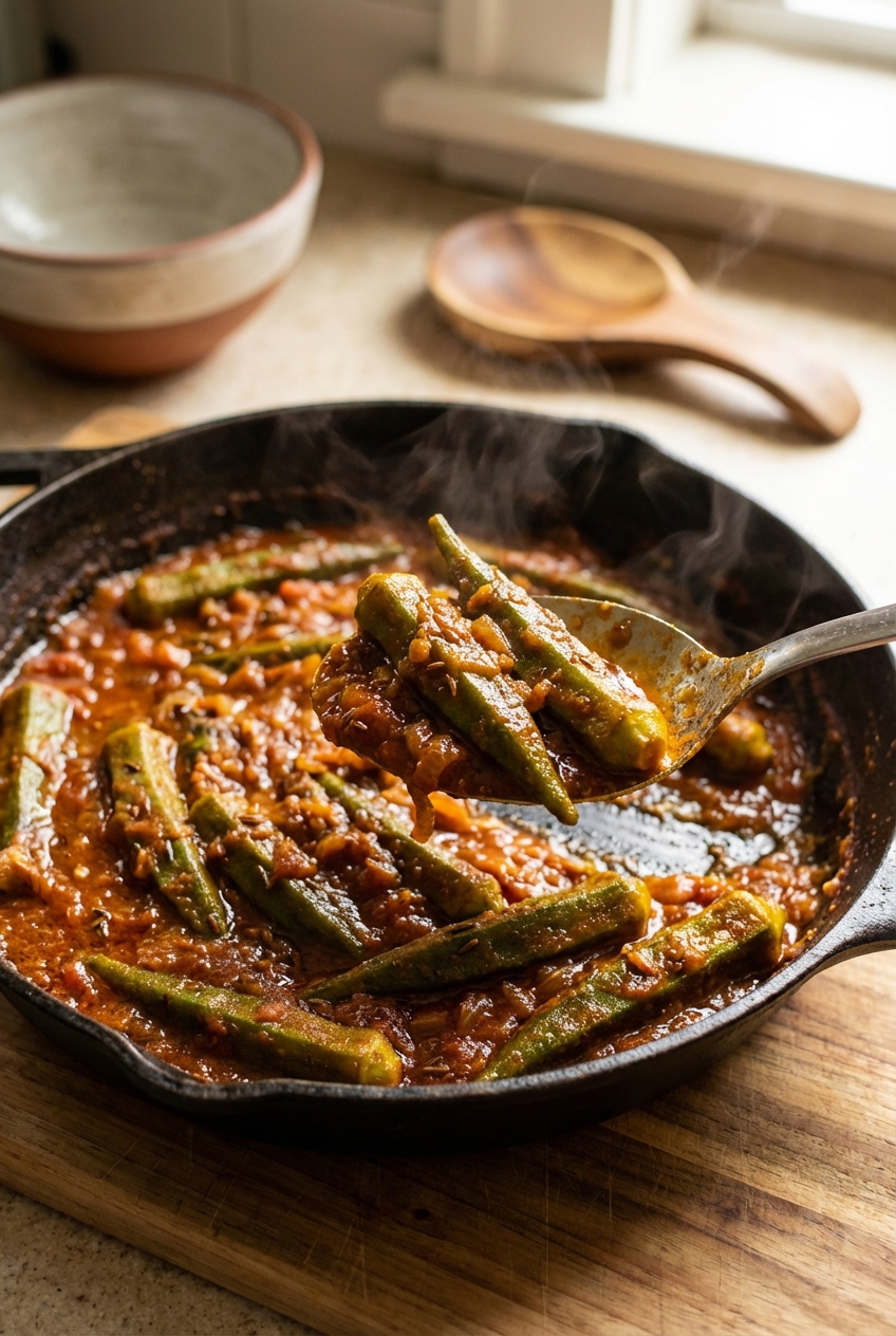 A spoon lifting tender okra coated in rich spiced tomato sauce from a skillet