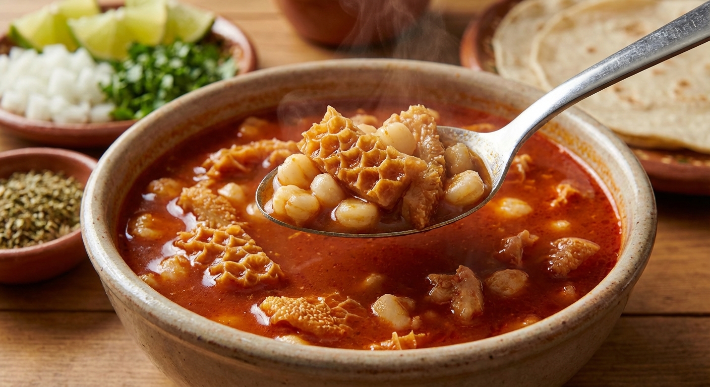 A spoon lifting tender tripe and hominy from a bowl of red menudo