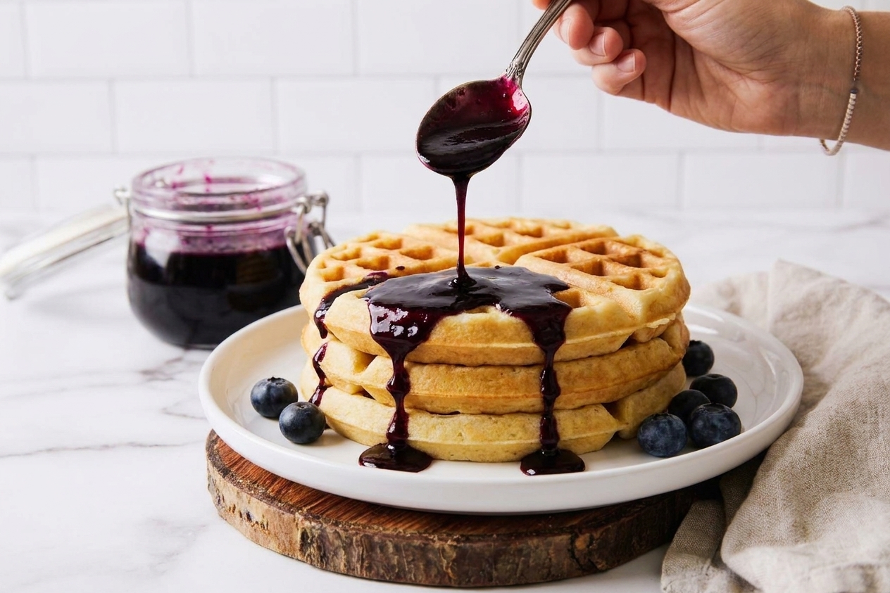 A spoon lifting thick blueberry syrup above a stack of waffles, showing the syrup ribboning back down onto the plate