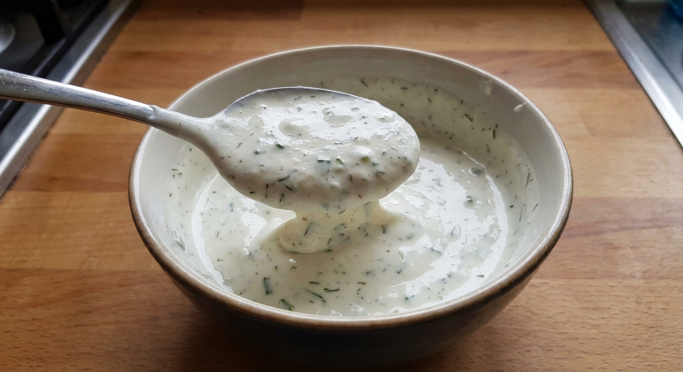 A spoon lifting thick buttermilk ranch from a bowl, showing a light, creamy texture with visible herbs