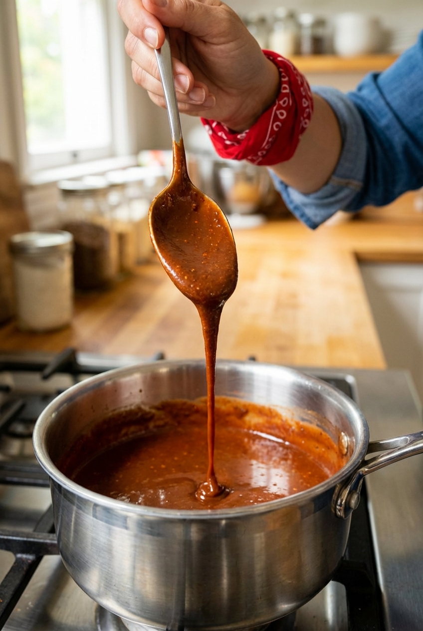 A spoon lifting thick, glossy chipotle chocolate sauce from a saucepan