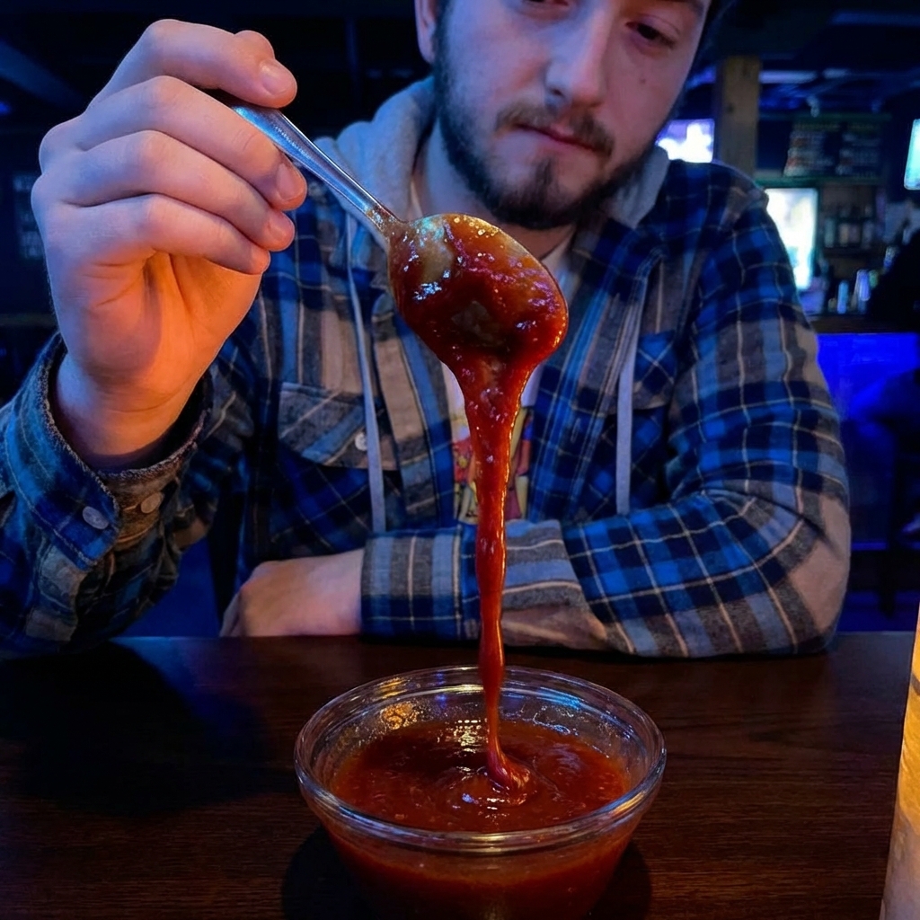 A spoon lifting thick, glossy cocktail sauce above a bowl with the sauce slowly dripping back in
