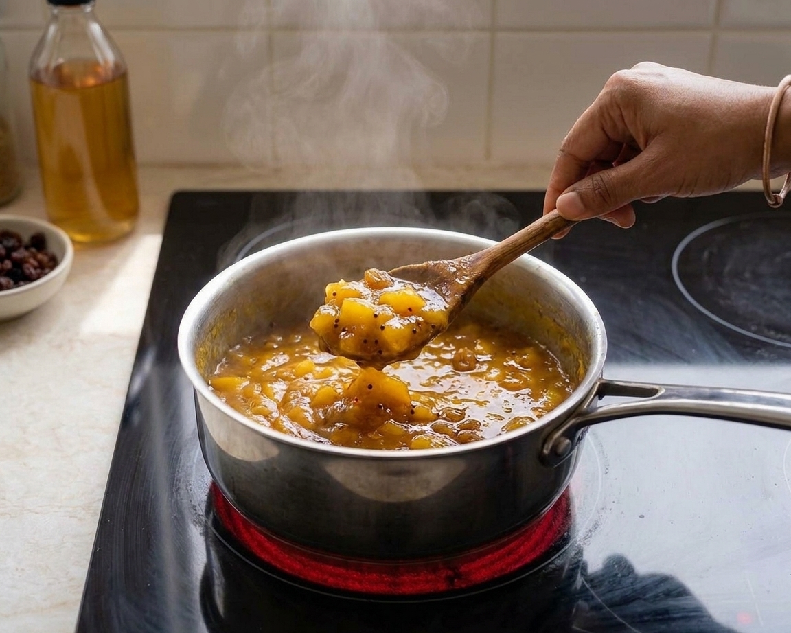 A spoon lifting thick, glossy mango chutney with visible mango pieces and spices from a saucepan