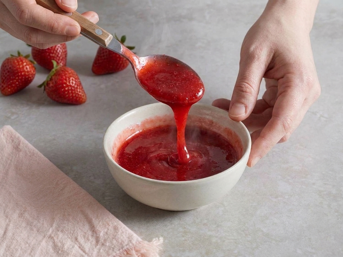 A spoon lifting thick, glossy strawberry glaze above a bowl, showing the glaze slowly dripping back down in a smooth ribbon