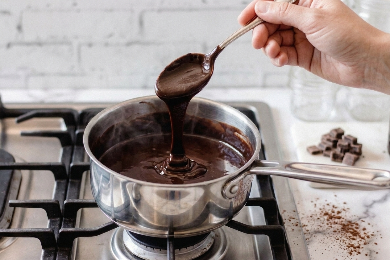 A spoon lifting thick hot fudge sauce above a saucepan, showing a slow glossy ribbon falling back into the pan