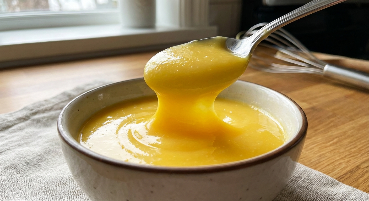 A spoon lifting thick lemon curd from a bowl showing its smooth, glossy texture