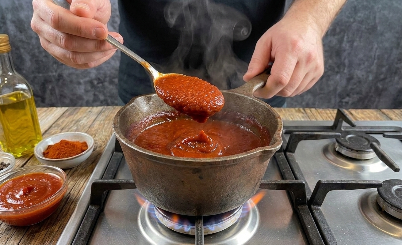 A spoon lifting thick smoky red bravas sauce from a small saucepan on a stovetop