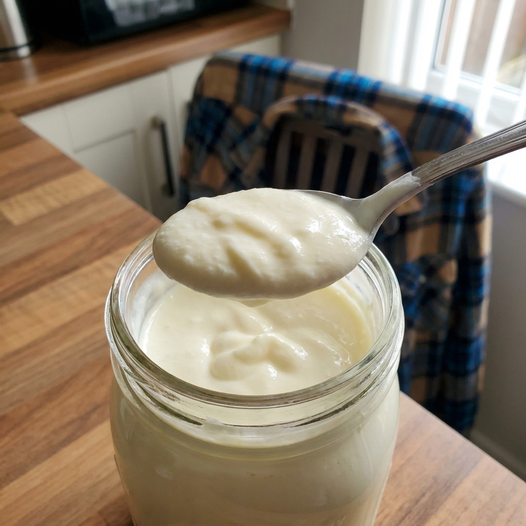 A spoon lifting thick, tangy buttermilk from a jar with soft ripples showing its creamy texture