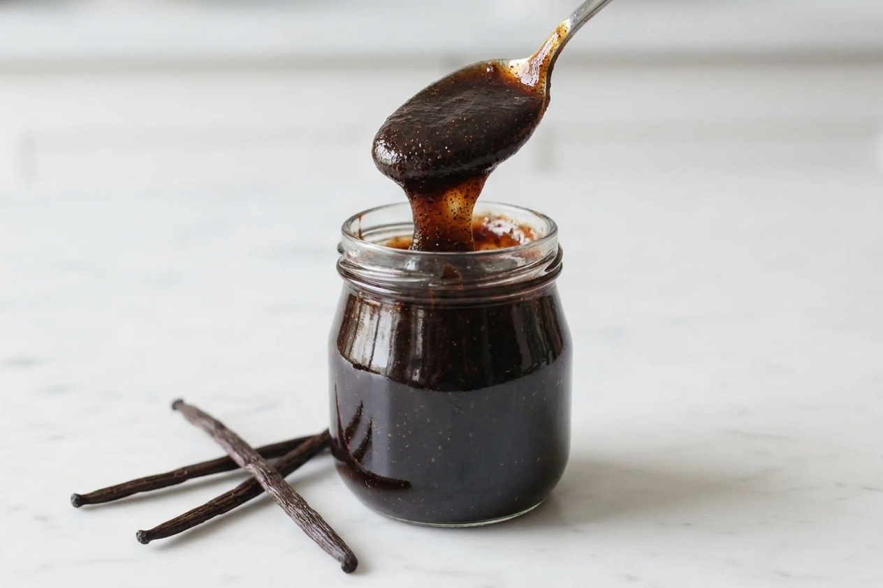 A spoon lifting thick vanilla paste with bean specks over a small glass jar on a kitchen counter
