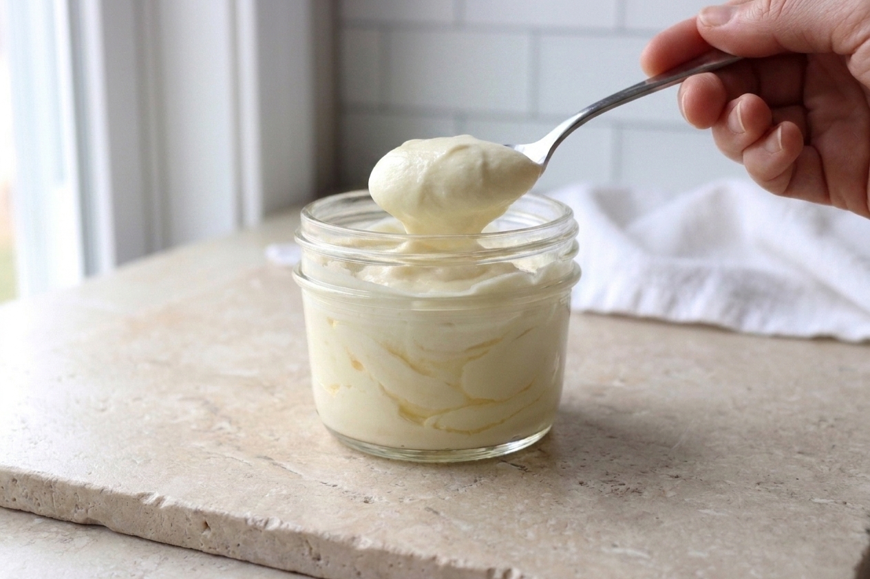 A spoon lifting thickened crème fraîche from a jar, showing a smooth, spoonable texture on a light stone counter in soft natural light