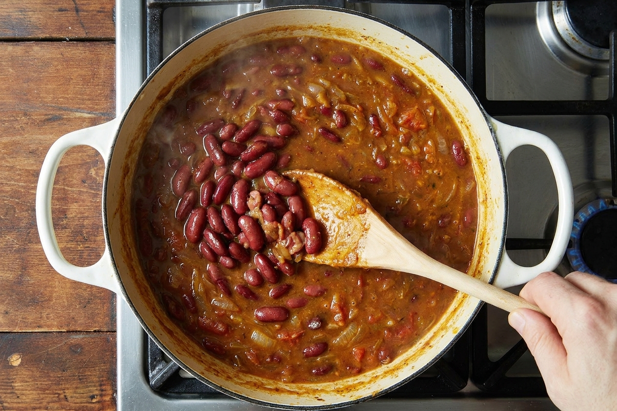 A spoon mashing kidney beans against the side of a pot to thicken rajma gravy on the stovetop