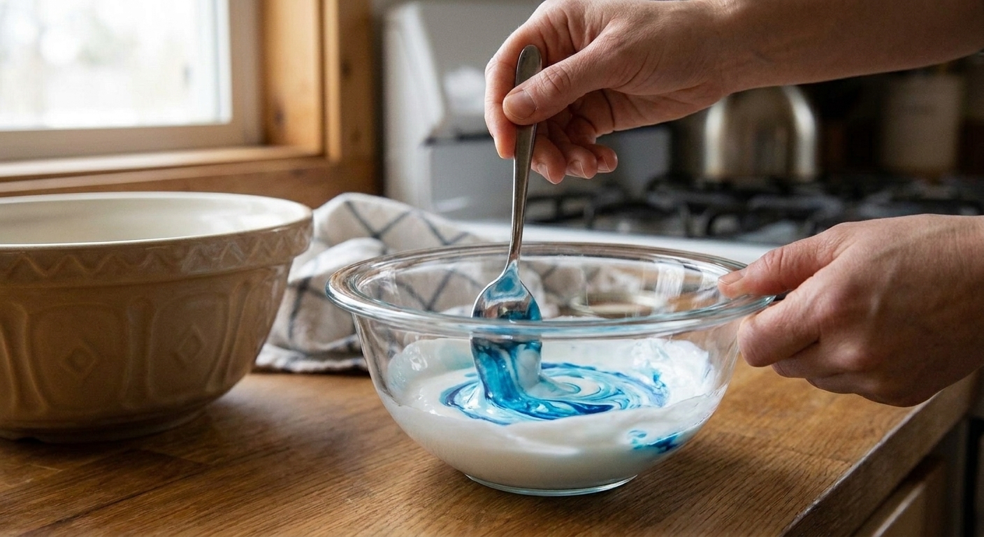 A spoon mixing blue food coloring into white school glue in a glass bowl on a light countertop