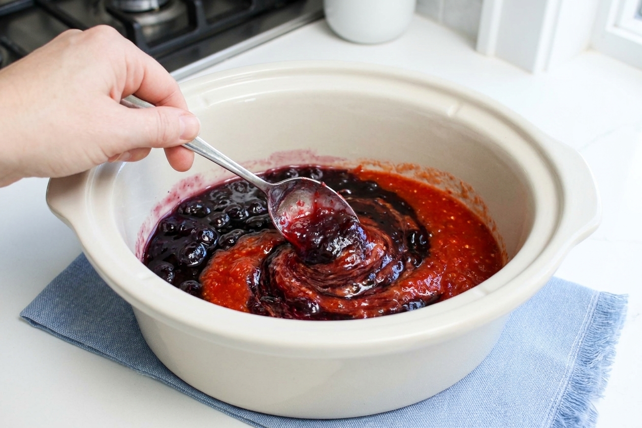 A spoon mixing grape jelly and chili sauce together in a slow cooker insert on a kitchen counter