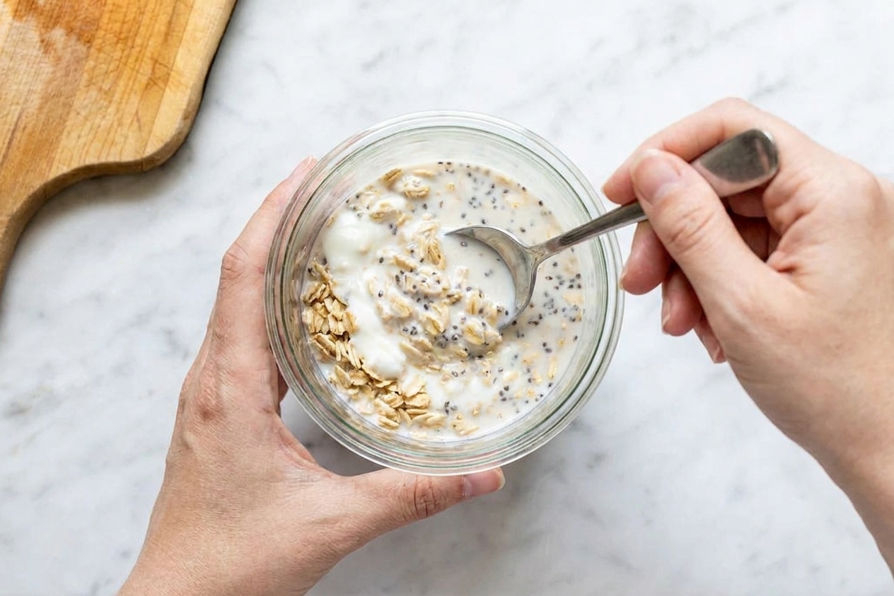 A spoon mixing rolled oats, yogurt, milk, and chia seeds in a glass jar on a kitchen counter