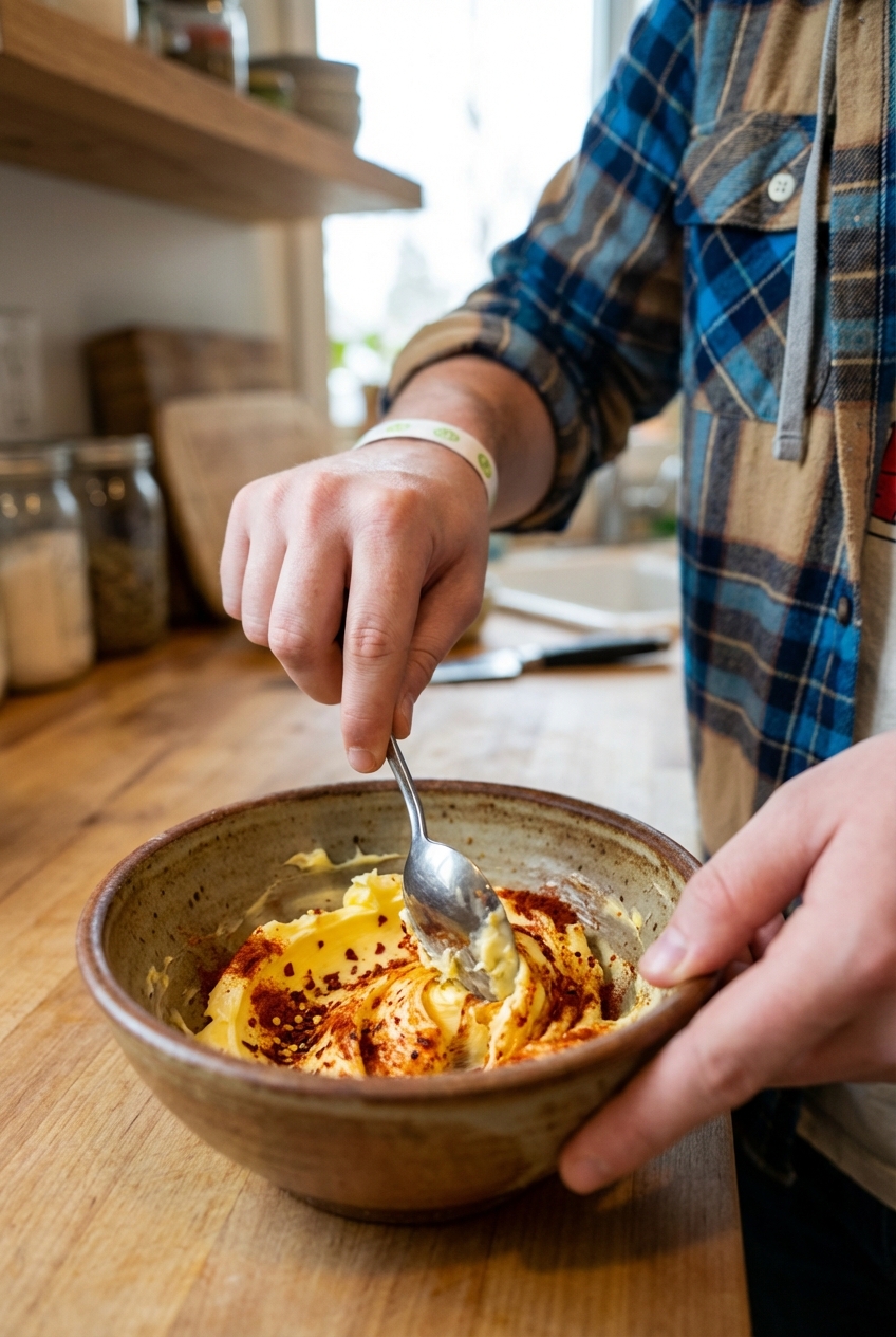 A spoon mixing softened butter with smoked paprika and chili flakes in a ceramic bowl
