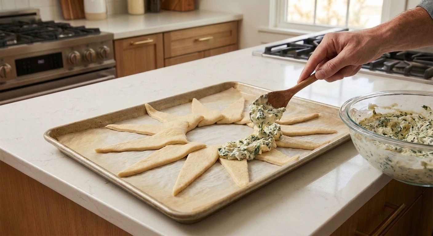 A spoon placing a thick line of spinach artichoke filling onto the wide ends of crescent roll dough arranged in a ring on a parchment-lined baking sheet