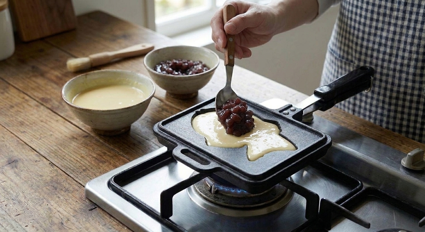 A spoon placing sweet red bean paste onto batter inside a fish-shaped taiyaki mold