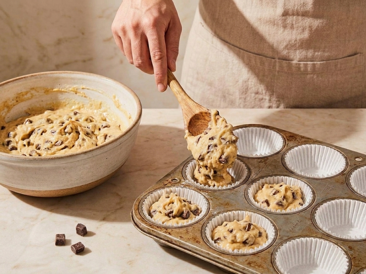 A spoon portioning thick chocolate chunk muffin batter into a lined muffin pan
