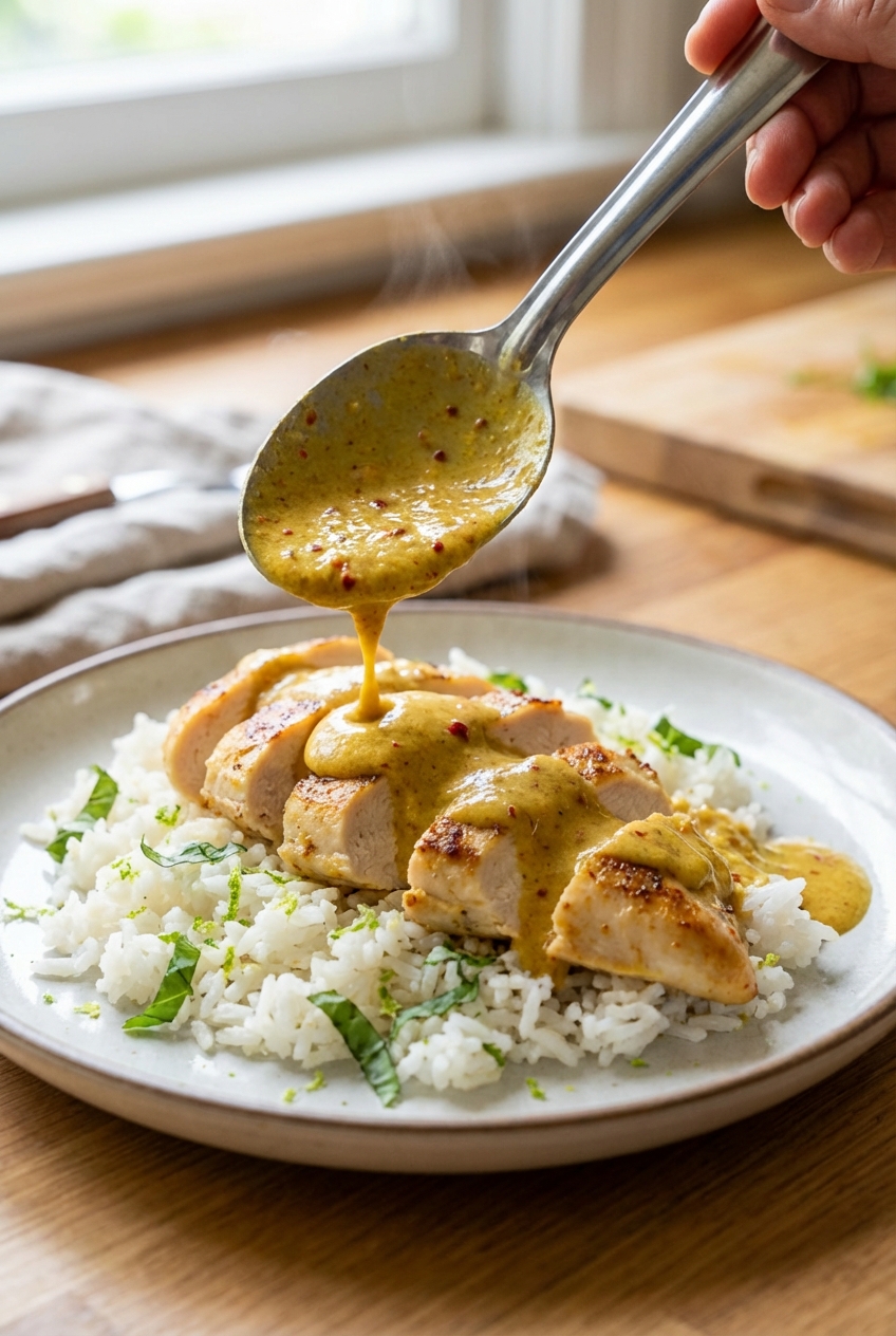 A spoon pouring creamy coconut curry sauce over sliced chicken on a bed of lime basil rice