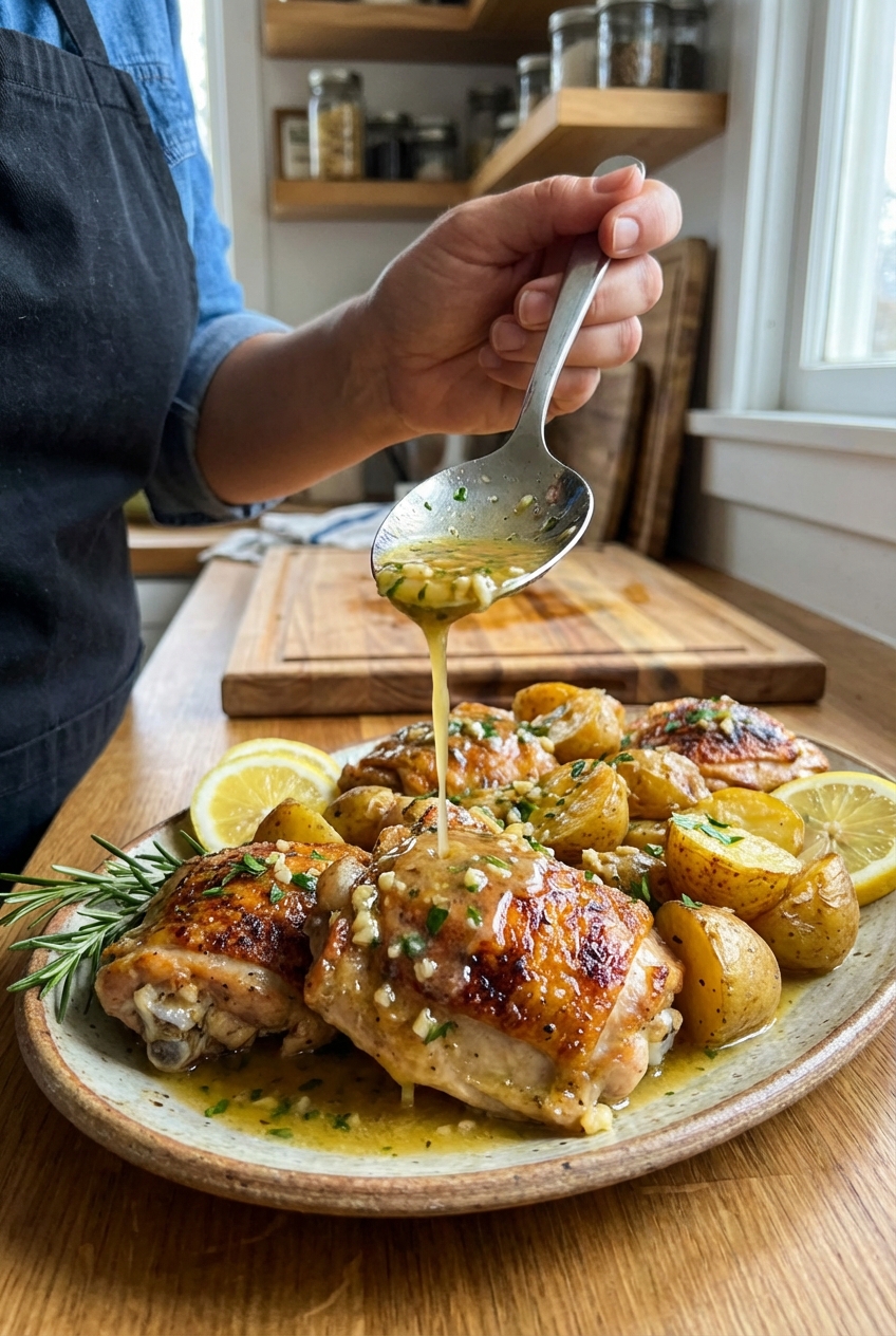 A spoon pouring glossy lemon garlic pan sauce over roasted chicken thighs and potatoes on a serving platter