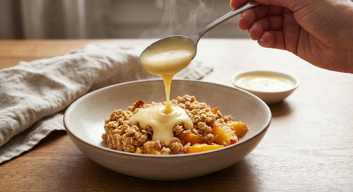A spoon pouring smooth vanilla custard sauce over a serving of peach crumble in a shallow bowl