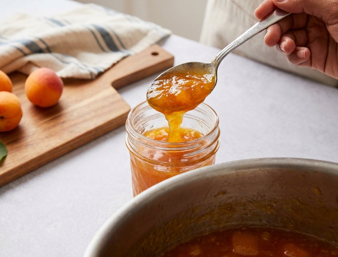 A spoon pouring warm apricot jam into a clean glass jar on a kitchen counter