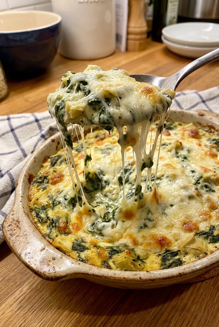 A spoon pulling up creamy spinach artichoke dip with melted cheese stretching from a baking dish